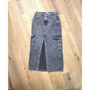 LoveFire Midi Pencil Denim Skirt Womens Lge Gray Black Jean Cargo Pockets Grunge